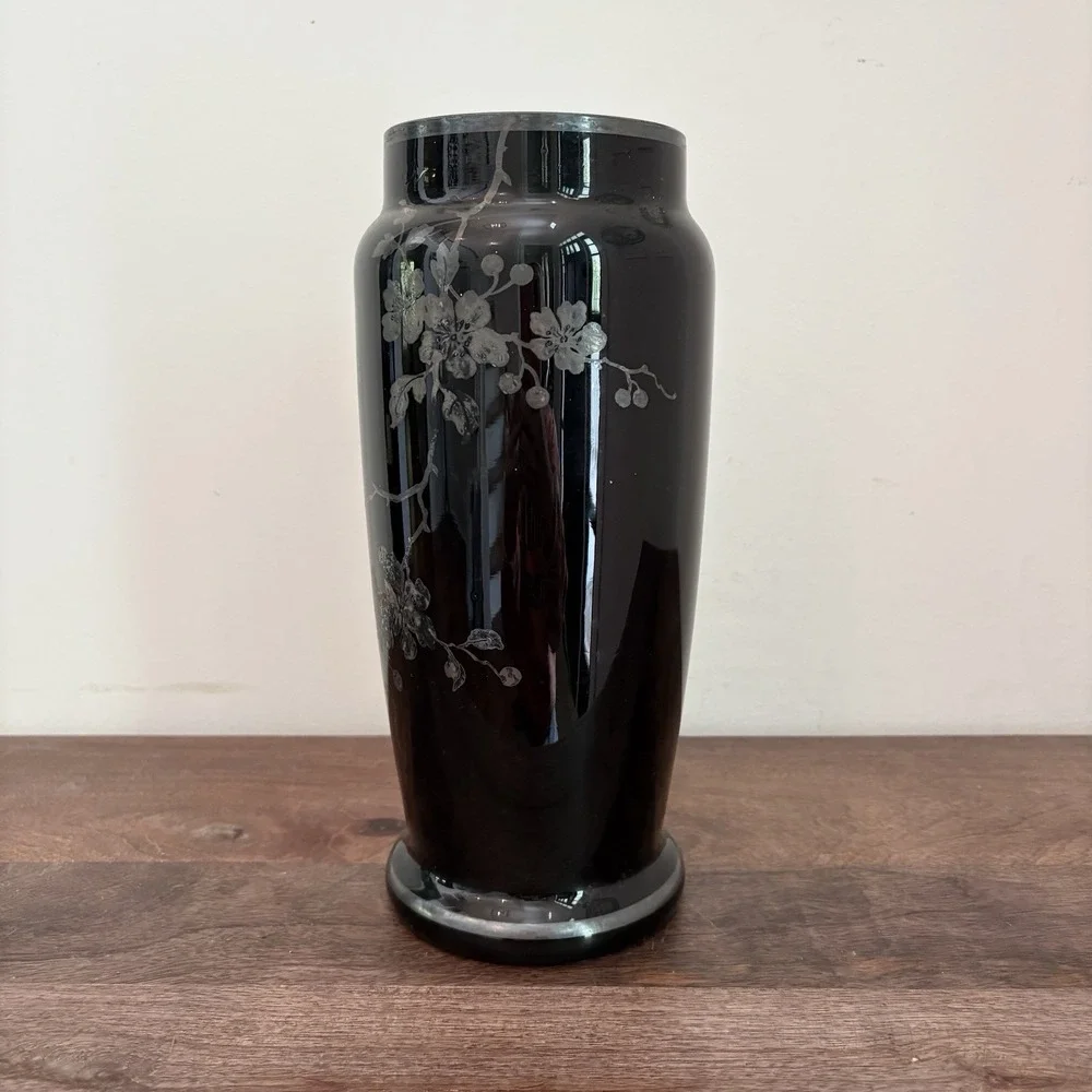 Vintage Czech Black Glass Etched Vase Birds Floral Art Deco Style Slovakia 10" - Picture 4 of 12